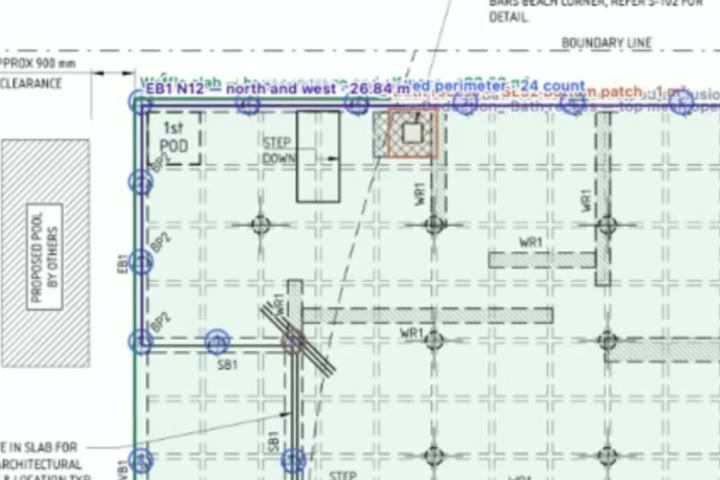 Pod positions marked on a waffle slab plan, with the edge beam traced and labelled
